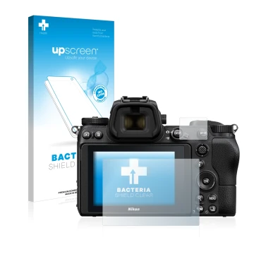 Vorderseite einer Produktverpackung mit dem Markenlogo upscreen. Daneben ist das Gerät Nikon Z 7 mit dem zugehörigen Displaysc