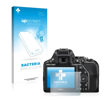 Vorderseite einer Produktverpackung mit dem Markenlogo upscreen. Daneben ist das Gerät Nikon D3500 mit dem zugehörigen Display