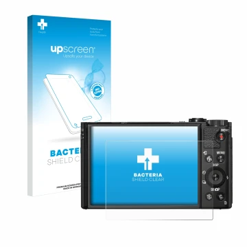 Vorderseite einer Produktverpackung mit dem Markenlogo upscreen. Daneben ist das Gerät Sony Cyber-Shot DSC-HX99 mit dem zugehö