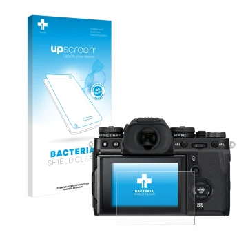 Vorderseite einer Produktverpackung mit dem Markenlogo upscreen. Daneben ist das Gerät Fujifilm X-T3 mit dem zugehörigen Displ