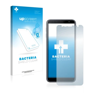 Vorderseite einer Produktverpackung mit dem Markenlogo upscreen. Daneben ist das Gerät Samsung Galaxy J6 Plus mit dem zugehöri