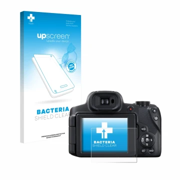 Vorderseite einer Produktverpackung mit dem Markenlogo upscreen. Daneben ist das Gerät Canon PowerShot SX70 HS mit dem zugehör
