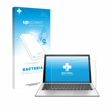 Vorderseite einer Produktverpackung mit dem Markenlogo upscreen. Daneben ist das Gerät HP Elite x2 1013 G3 mit dem zugehörigen