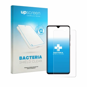 Vorderseite einer Produktverpackung mit dem Markenlogo upscreen. Daneben ist das Gerät Huawei Mate 20 mit dem zugehörigen Disp