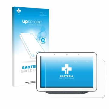 Vorderseite einer Produktverpackung mit dem Markenlogo upscreen. Daneben ist das Gerät Google Home Hub mit dem zugehörigen Dis