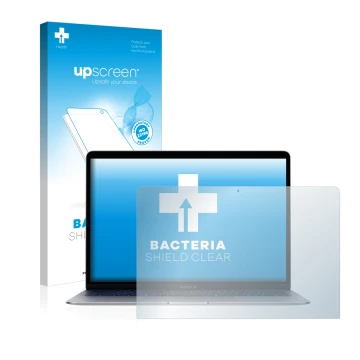Vorderseite einer Produktverpackung mit dem Markenlogo upscreen. Daneben ist das Gerät Apple MacBook Air 13