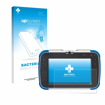 Vorderseite einer Produktverpackung mit dem Markenlogo upscreen. Daneben ist das Gerät Vtech Storio Max XL 2.0 mit dem zugehör