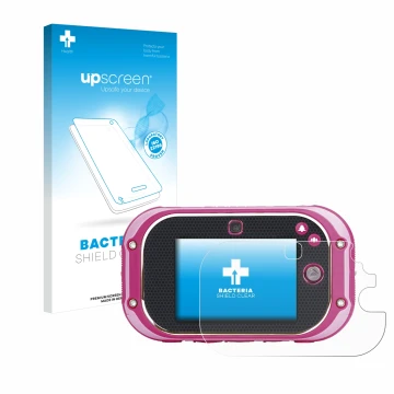 Vorderseite einer Produktverpackung mit dem Markenlogo upscreen. Daneben ist das Gerät Vtech Kidizoom Touch 5.0 2018 mit dem z
