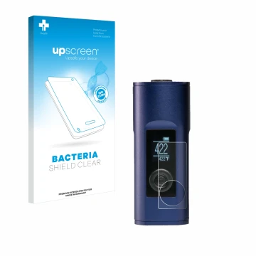 Vorderseite einer Produktverpackung mit dem Markenlogo upscreen. Daneben ist das Gerät Arizer Solo 2 mit dem zugehörigen Displ