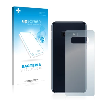 Vorderseite einer Produktverpackung mit dem Markenlogo upscreen. Daneben ist das Gerät Samsung Galaxy S10e (Rückseite) mit dem