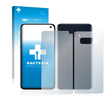 Vorderseite einer Produktverpackung mit dem Markenlogo upscreen. Daneben ist das Gerät Samsung Galaxy S10e (Display+Rückseite)