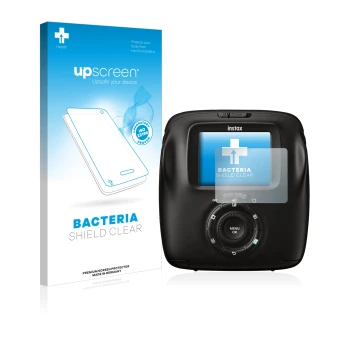 Vorderseite einer Produktverpackung mit dem Markenlogo upscreen. Daneben ist das Gerät Fujifilm Instax Square SQ20 mit dem zug