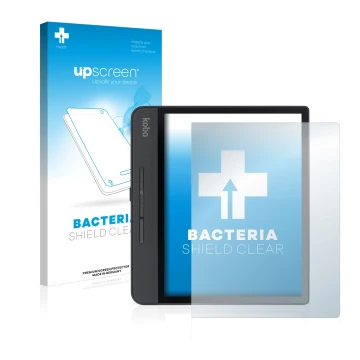 Vorderseite einer Produktverpackung mit dem Markenlogo upscreen. Daneben ist das Gerät Kobo Forma mit dem zugehörigen Displays