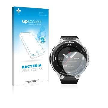 Vorderseite einer Produktverpackung mit dem Markenlogo upscreen. Daneben ist das Gerät Casio Pro Trek Smart WSD-F20 mit dem zu