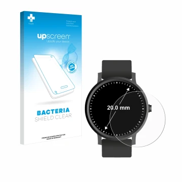 Vorderseite einer Produktverpackung mit dem Markenlogo upscreen. Daneben ist das Gerät Kreisrunde Displays (ø: 20 mm) mit dem 