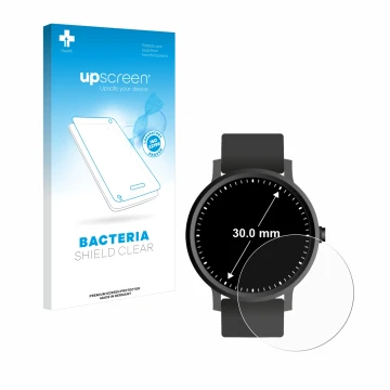 Vorderseite einer Produktverpackung mit dem Markenlogo upscreen. Daneben ist das Gerät Kreisrunde Displays (ø: 30 mm) mit dem 