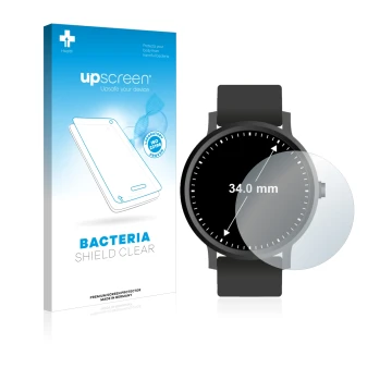 Vorderseite einer Produktverpackung mit dem Markenlogo upscreen. Daneben ist das Gerät Kreisrunde Displays (ø: 34 mm) mit dem 