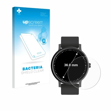 Vorderseite einer Produktverpackung mit dem Markenlogo upscreen. Daneben ist das Gerät Kreisrunde Displays (ø: 36 mm) mit dem 