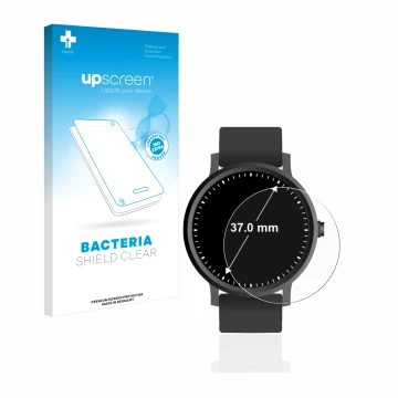 Vorderseite einer Produktverpackung mit dem Markenlogo upscreen. Daneben ist das Gerät Kreisrunde Displays (ø: 37 mm) mit dem 