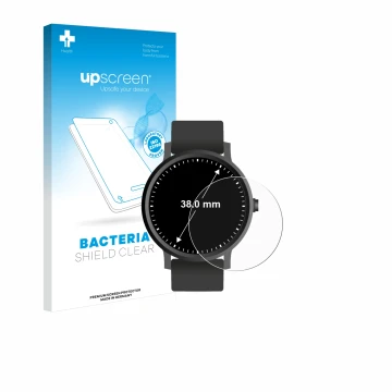 Vorderseite einer Produktverpackung mit dem Markenlogo upscreen. Daneben ist das Gerät Kreisrunde Displays (ø: 38 mm) mit dem 