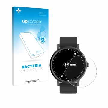 Vorderseite einer Produktverpackung mit dem Markenlogo upscreen. Daneben ist das Gerät Kreisrunde Displays (ø: 42 mm) mit dem 