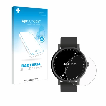 Vorderseite einer Produktverpackung mit dem Markenlogo upscreen. Daneben ist das Gerät Kreisrunde Displays (ø: 43 mm) mit dem 