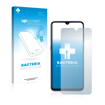 Vorderseite einer Produktverpackung mit dem Markenlogo upscreen. Daneben ist das Gerät Xiaomi Mi 9 mit dem zugehörigen Display