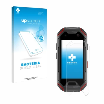 Vorderseite einer Produktverpackung mit dem Markenlogo upscreen. Daneben ist das Gerät Unihertz Atom mit dem zugehörigen Displ