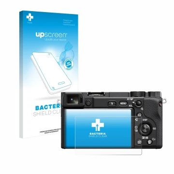 Vorderseite einer Produktverpackung mit dem Markenlogo upscreen. Daneben ist das Gerät Sony Alpha 6400 mit dem zugehörigen Dis