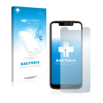Vorderseite einer Produktverpackung mit dem Markenlogo upscreen. Daneben ist das Gerät Motorola Moto G7 Play mit dem zugehörig