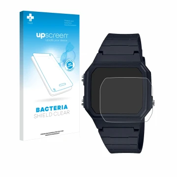 Vorderseite einer Produktverpackung mit dem Markenlogo upscreen. Daneben ist das Gerät Casio Unisex F-91W mit dem zugehörigen 