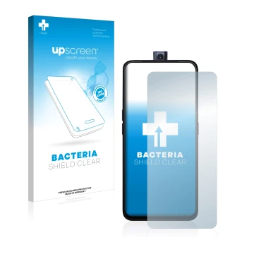 Vorderseite einer Produktverpackung mit dem Markenlogo upscreen. Daneben ist das Gerät Oppo F11 Pro mit dem zugehörigen Displa
