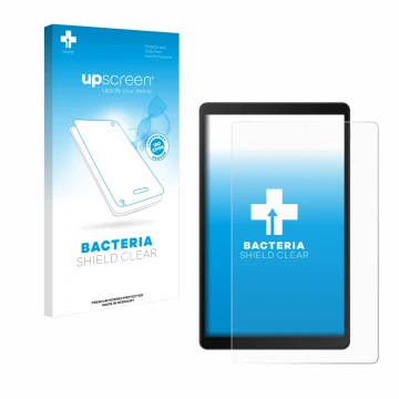 Vorderseite einer Produktverpackung mit dem Markenlogo upscreen. Daneben ist das Gerät Samsung Galaxy Tab A 10.1 WiFi 2019 mit