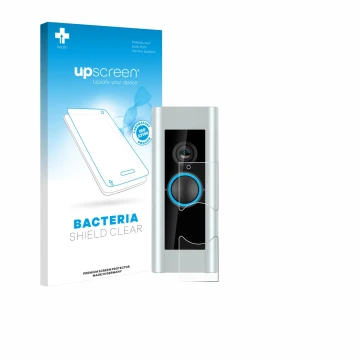Vorderseite einer Produktverpackung mit dem Markenlogo upscreen. Daneben ist das Gerät Ring Video Doorbell Pro (Version 2) mit