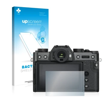 Vorderseite einer Produktverpackung mit dem Markenlogo upscreen. Daneben ist das Gerät Fujifilm X-T30 mit dem zugehörigen Disp