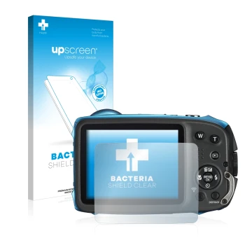 Vorderseite einer Produktverpackung mit dem Markenlogo upscreen. Daneben ist das Gerät Fujifilm FinePix XP140 mit dem zugehöri