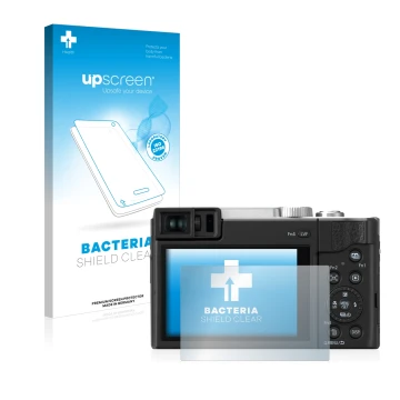 Vorderseite einer Produktverpackung mit dem Markenlogo upscreen. Daneben ist das Gerät Panasonic Lumix DC-TZ96 mit dem zugehör