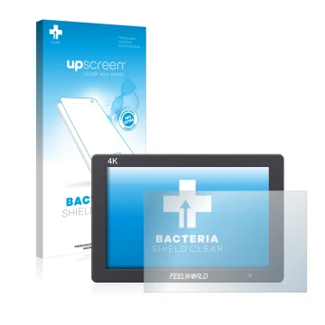 Vorderseite einer Produktverpackung mit dem Markenlogo upscreen. Daneben ist das Gerät Feelworld T7 7