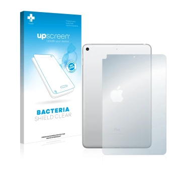 Vorderseite einer Produktverpackung mit dem Markenlogo upscreen. Daneben ist das Gerät Apple iPad Mini 5 2019 (Rückseite, 5. G