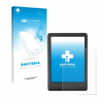 Vorderseite einer Produktverpackung mit dem Markenlogo upscreen. Daneben ist das Gerät Amazon Kindle 2019 (10. Gen.) mit dem z