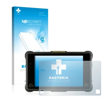 Vorderseite einer Produktverpackung mit dem Markenlogo upscreen. Daneben ist das Gerät Atomos Shogun Inferno mit dem zugehörig