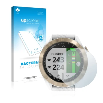 Vorderseite einer Produktverpackung mit dem Markenlogo upscreen. Daneben ist das Gerät Garmin Approach S40 mit dem zugehörigen