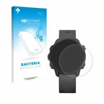 Vorderseite einer Produktverpackung mit dem Markenlogo upscreen. Daneben ist das Gerät Garmin Forerunner 245 Music mit dem zug