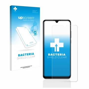 Vorderseite einer Produktverpackung mit dem Markenlogo upscreen. Daneben ist das Gerät Huawei P30 lite mit dem zugehörigen Dis