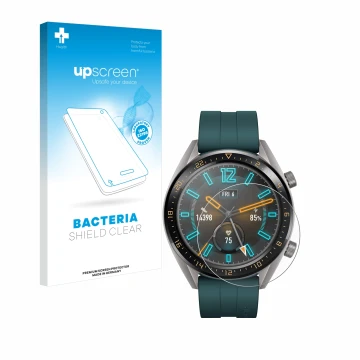 Vorderseite einer Produktverpackung mit dem Markenlogo upscreen. Daneben ist das Gerät Huawei Watch GT Active mit dem zugehöri
