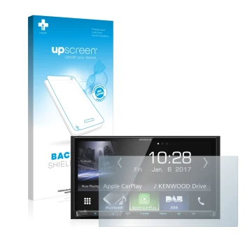 Vorderseite einer Produktverpackung mit dem Markenlogo upscreen. Daneben ist das Gerät Kenwood DMX7017DABS mit dem zugehörigen