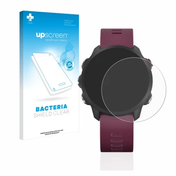 Vorderseite einer Produktverpackung mit dem Markenlogo upscreen. Daneben ist das Gerät Garmin Forerunner 245 mit dem zugehörig