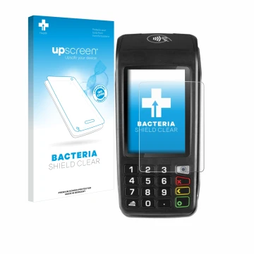 Vorderseite einer Produktverpackung mit dem Markenlogo upscreen. Daneben ist das Gerät ingenico Move/5000 mit dem zugehörigen 