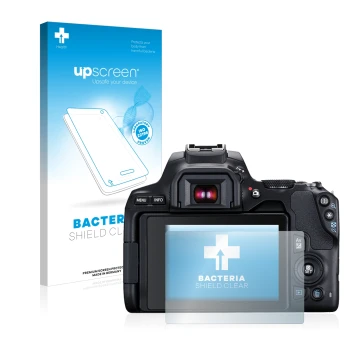 Vorderseite einer Produktverpackung mit dem Markenlogo upscreen. Daneben ist das Gerät Canon EOS 250D mit dem zugehörigen Disp