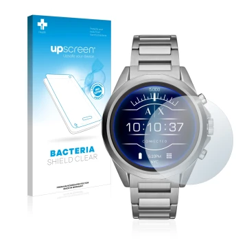 Vorderseite einer Produktverpackung mit dem Markenlogo upscreen. Daneben ist das Gerät Emporio Armani Connected Exchange AXT20